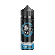A 100ml bottle of Ruthless Rise e-liquid with a black and blue label, indicating nicotine-free and suitable for use with mixed coils at temperatures ranging from 200-350 degrees Fahrenheit.